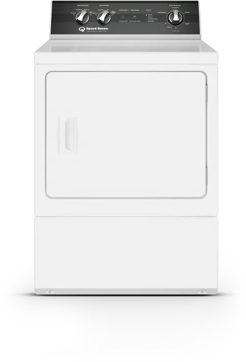 The Speed Queen DR5004 dryer in white: a large plain front door with a recessed vertical handle on its left side, and a black raised control panel at the back top carrying three chunky rotary knobs for cycle, temperature, and options — no touch screen and no flat glass panel.