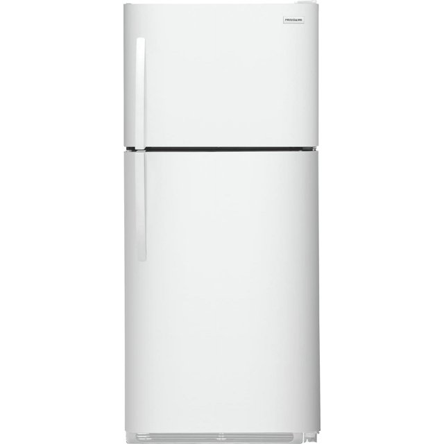 A plain white Frigidaire top-freezer refrigerator: a shorter freezer door on top and a taller fridge door below, each with a simple vertical bar handle on the left side, flat unadorned door fronts — and no water or ice dispenser, no screen, and no touch panel on either door.