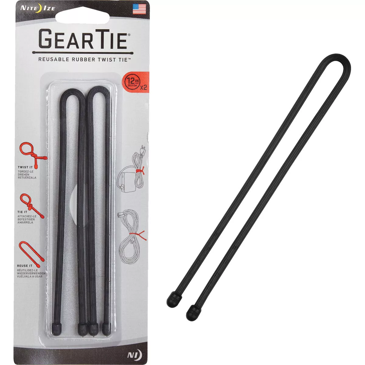 A retail two-pack of Nite Ize Gear Ties next to one loose tie: each Gear Tie is a long black rubber-coated wire with rounded ball ends, stiff enough to hold whatever shape you bend it into; the loose one is shown as a long narrow loop — the shape you would wrap and twist around a folded cane bundle.