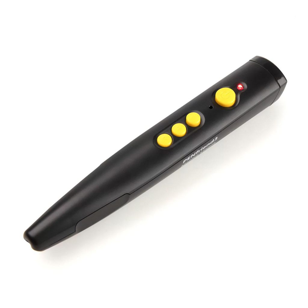 The PenFriend 3 audio labeller: a thick black pen-shaped device with a tapered scanning tip at the lower end, three small round yellow buttons in a row along its body, one larger round yellow power button above them, and a tiny red indicator light near the top end.