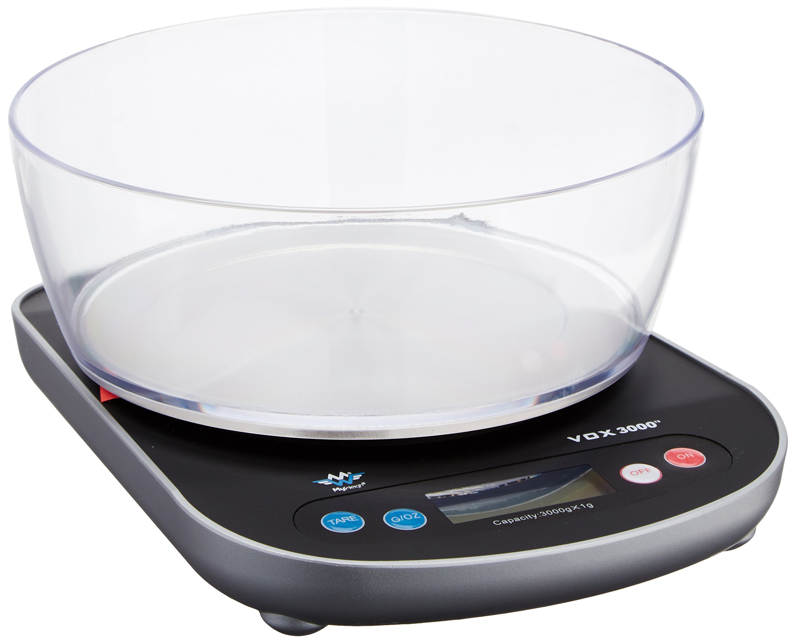 The My Weigh VOX 3000 talking kitchen scale: a black oval base with a large clear plastic weighing bowl resting on top, a small digital display, and four large round buttons on the front edge — blue ones labeled TARE and G/OZ, and red and white ON and OFF buttons.