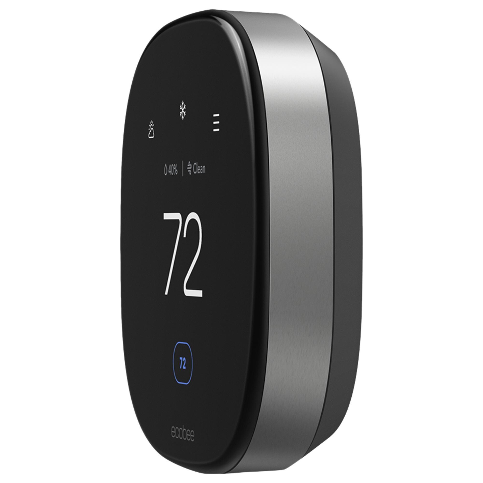 An ecobee smart thermostat photographed at an angle: a rounded rectangular black glass unit in a brushed metal frame, its screen showing a very large white 72 in the center, small weather and cooling icons and a 40 percent humidity reading above it, and the current setting repeated in a small blue rounded square below.